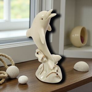 Lenox Dolphin Figurine 4" Cream Porcelain 24K Gold Trim Coastal Nautical Decor